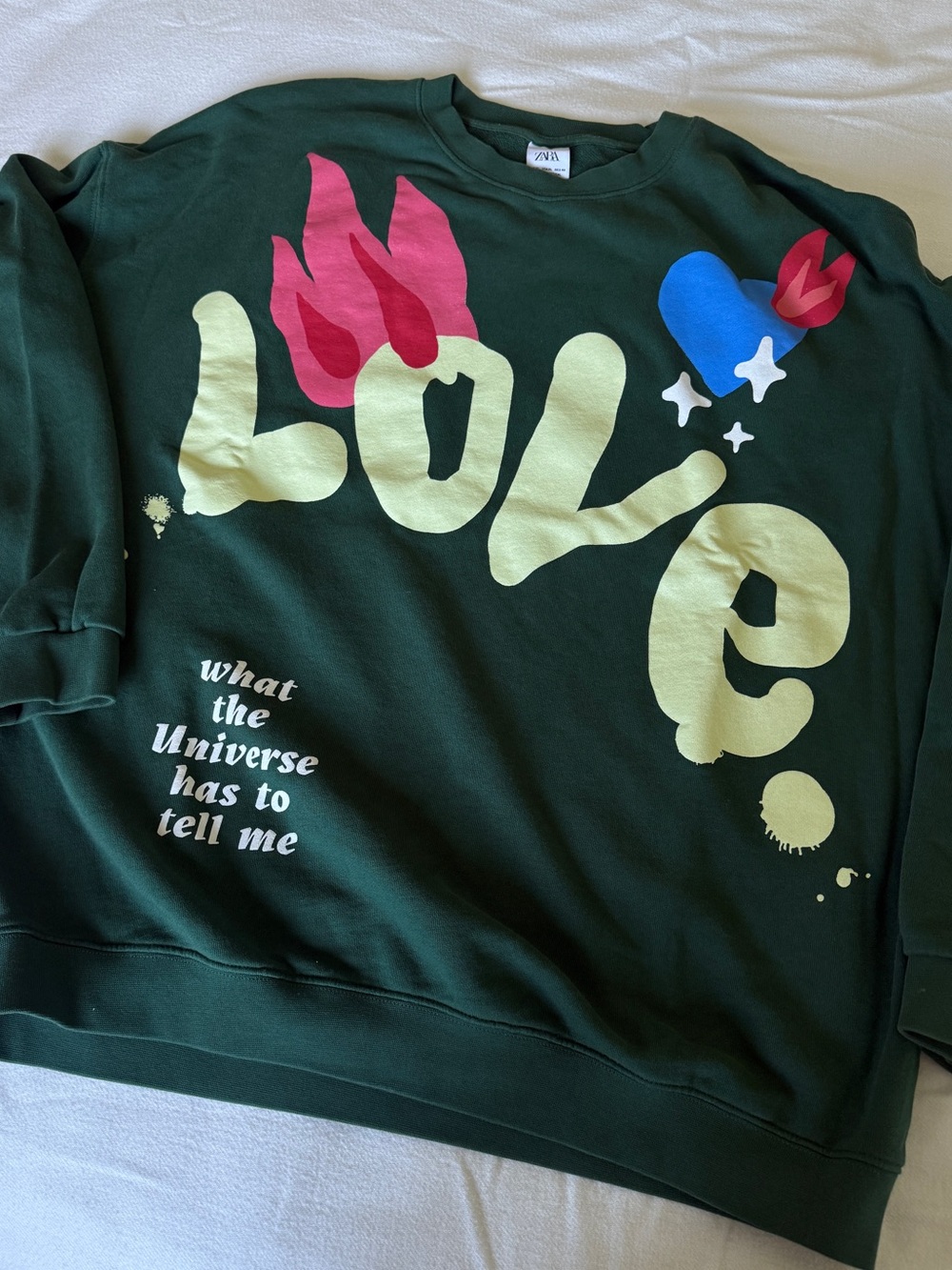 ZARA Dark Green Crewneck Sweater with Cream 'LOVE' Graphic and Colorful Accents